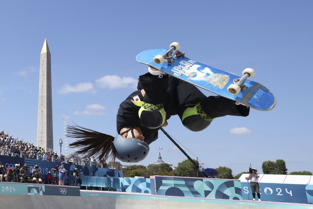 Japan's Kokona Hiraki  competes in the women's park skateboarding preliminaries at the 2024 Summer Olympics in Paris, France, Tuesday, August 6, 2024. (Photo by Odd Andersen/Pool Photo via AP Photo)