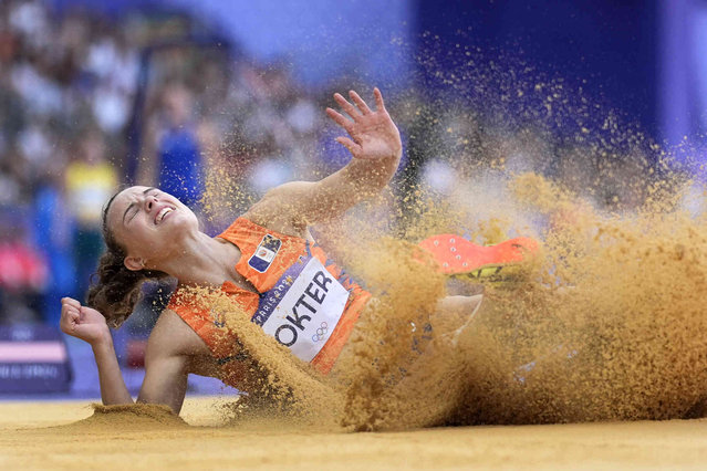 Sofie Dokter, of the Netherlands, competes in the women's heptathlon long jump at the 2024 Summer Olympics, Friday, August 9, 2024, in Saint-Denis, France. (Photo by Matthias Schrader/AP Photo)