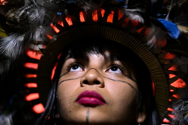 Txai Suruí, Amazonian Activist, during the opening night of Web Summit Rio 2023 at Riocentro in Rio de Janeiro, Brazil. (Photo By Stephen McCarthy/Sportsfile for Web Summit Rio via Getty Images)