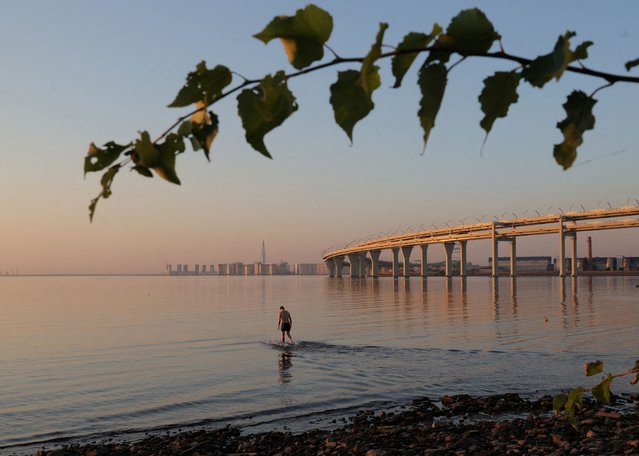 A man wades in the Gulf of Finland near the Western High-Speed Diameter (WHSD) highway during sunset in Saint Petersburg, Russia on September 8, 2024. (Photo by Anton Vaganov/Reuters)