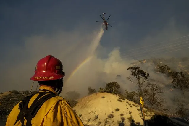 A firefighter watches as a helicopter drops water on the Sheep Fire burning in Wrightwood, Calif., Sunday, June 12, 2022. (Photo by Ringo H.W. Chiu/AP Photo)