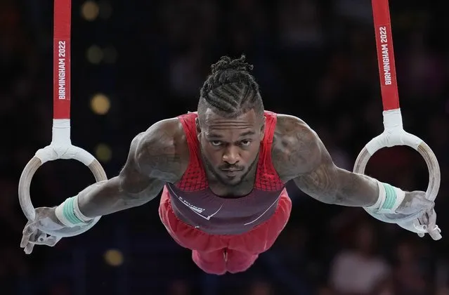 Courtney Tulloch of Team England competes in the apparatus Men's Rings finals at the Commonwealth Games, in Birmingham, England, Monday, August 1, 2022. Tulloch won the Gold medal. (Photo by Manish Swarup/AP Photo)