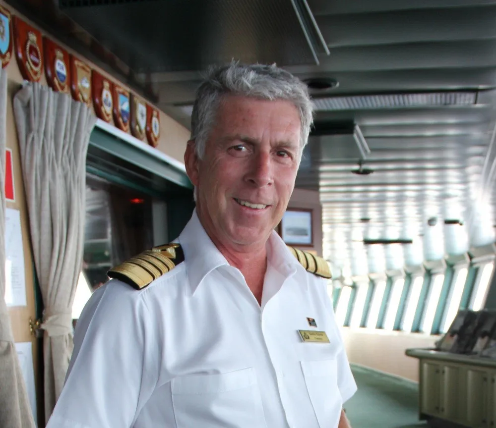 Queen Mary 2's Captain Perches On The Bow Of His Vast Ship