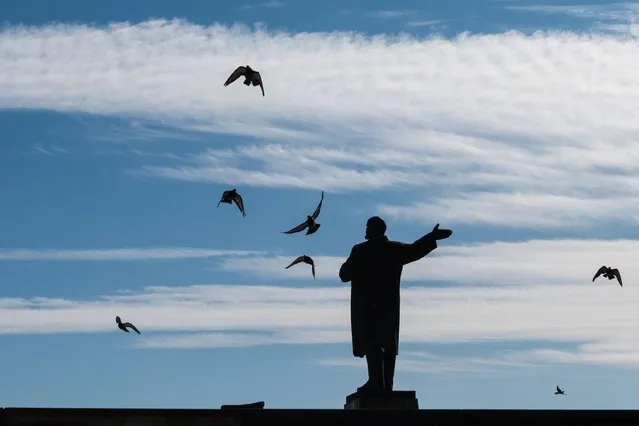 A photograph taken on September 19, 2017 shows some birds flying around a monument to the founder of the Soviet Union Vladimir Lenin in Nizhny Novgorod. This year Russia will mark the 100 Anniversary of the Bolshevik Revolution also known as the October Revolution in which Vladimir Lenin's Bolshevik Communist government came to power. (Photo by Francois Xavier/AFP Photo)