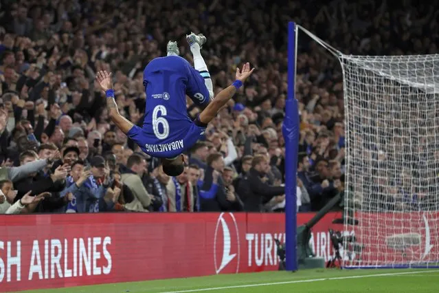 Chelsea's Pierre-Emerick Aubameyang celebrates after scoring his side's second goal during a Group E soccer match between Chelsea FC and AC Milan, at Stamford Bridge stadium, in London Wednesday, October 5, 2022. (Photo by Ian Walton/AP Photo)