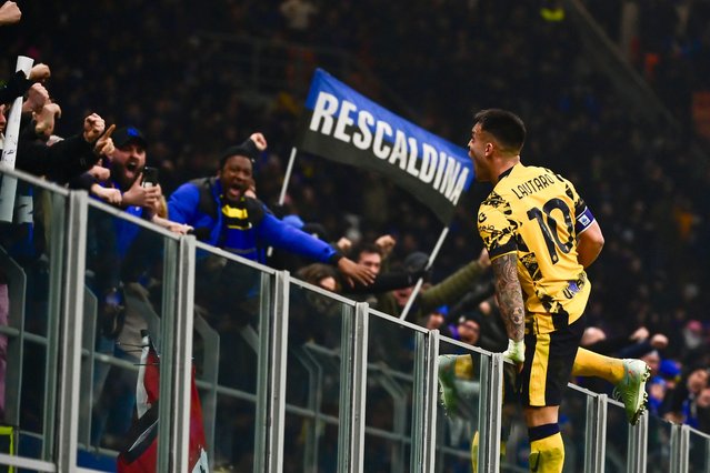 Inter Milan's Argentine forward #10 Lautaro Martinez celebrates after scoring his team's first goal during the Italian Serie A football match between Inter Milan and Genoa at the San Siro Stadium in Milan on February 22, 2025. (Photo by Piero Cruciatti/AFP Photo)