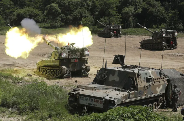 A South Korean army's K-55 self-propelled howitzer fires during a military exercise in Paju, South Korea, near the border with North Korea, Monday, June 22, 2020. South Korea on Monday urged North Korea to scrap a plan to launch propaganda leaflets across the border, after the North said it’s ready to float more than 10 million leaflets in what would be the largest such physiological campaign against its southern rival. (Photo by Yun Dong-jin/Yonhap via AP Photo)