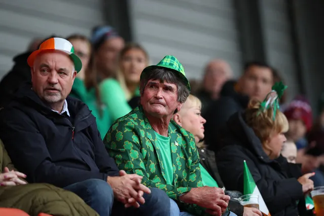 Fans of Ireland look on during the Rugby League World Cup 2021 Pool C match between Lebanon and Ireland at Leigh Sports Village on October 23, 2022 in Leigh, England. (Photo by Jan Kruger/Getty Images for RLWC)