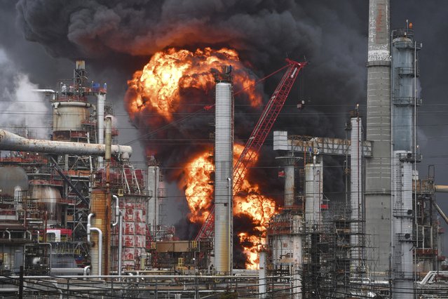 Flames shoot into the air during a fire at Martinez Refinery Company in Martinez, Calif., Saturday, February 1, 2025. (Photo by Jose Carlos Fajardo/Bay Area News Group via AP Photo)