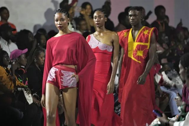 Models display a creation by Adama Paris during the GTCO Fashion Weekend in Lagos, Nigeria, Saturday, November 12, 2022. (Photo by Sunday Alamba/AP Photo)