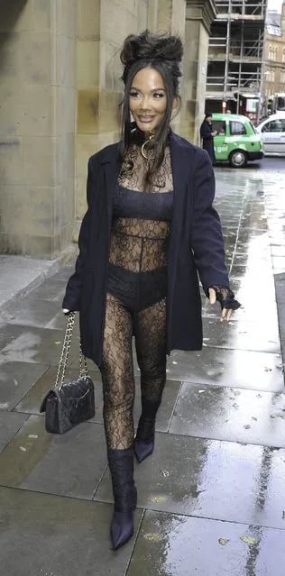 English actress Chelcee Healey left braved the rain and cold before heading inside to The Julie Perry Party in Manchester, United Kingdom. (Photo by Aaron Parfitt/Splash News and Pictures)