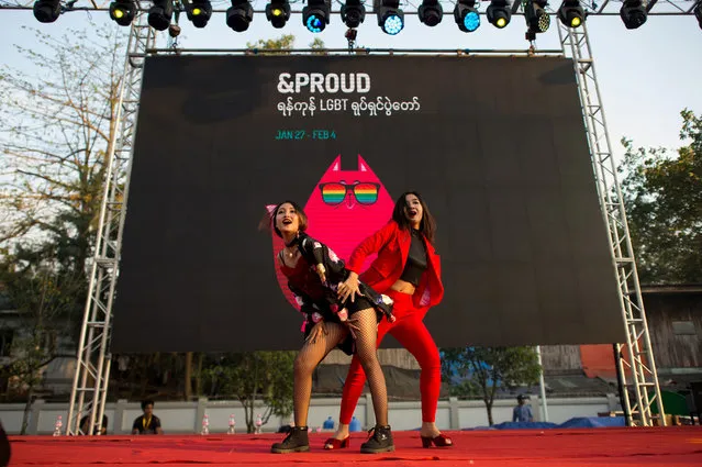 This photo taken on January 28, 2018 shows performers on stage during the “&Proud” LGBT festival in Yangon. (Photo by Ye Aung Thu/AFP Photo)
