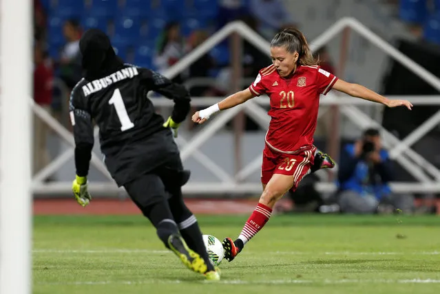 Football Soccer, Jordan vs Spain, U-17 Women's World Cup, Amman, Jordan on September 30, 2016. Spain's Claudia Pina (R), fights for the ball with Jordan's goal keeper Rand Albustanji, during the match. (Photo by Muhammad Hamed/Reuters)