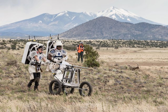 NASA astronauts Kate Rubins and Andre Douglas push a tool cart loaded with lunar tools through the San Francisco Volcanic Field north of Flagstaff, Arizona on May 14, 2024, as they practice moonwalking operations for Artemis III. During the test, two integrated teams will work together as they practice end-to-end lunar operations. The field team consists of astronauts, NASA engineers, and field experts in the Arizona desert conducting the simulated moonwalks, while a team of flight controllers and scientists at NASA's Johnson Space Center in Houston monitor and guide their activities. (Photo by Josh Valcarcel/NASA)