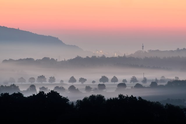 Fog lies over the fields in Wehrheim near Frankfurt, Germany, Thursday, October 2, 2025. (Photo by Michael Probst/AP Photo)