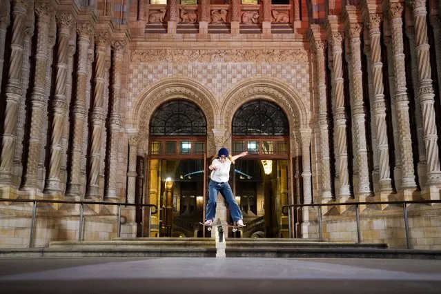 Previously unissued photo dated June 4, 2023 of professional street skateboarder Lorre Bruggeman at the Natural History Museum as she creates a once in a lifetime skate film at the London attraction. (Photo by James Manning/PA Wire)