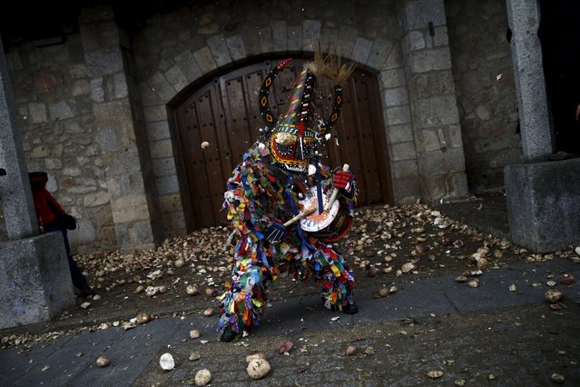 Revellers throw turnips at the Jarramplas, a character who wears a devil-like mask and a colourful costume, as he makes his way through the streets while beating his drum during the Jarramplas traditional festival in Piornal, southwestern Spain, January 20, 2016. (Photo by Susana Vera/Reuters)