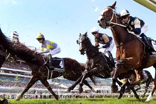 Jockeys compete in the 6 million USD Melbourne Cup horse race at the Flemington Racecourse in Melbourne on November 7, 2023. (Photo by William West/AFP Photo)