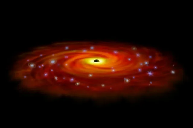 The ring of stars circling Sagittarius A*, the Milky Way's central black hole, shows a combination of infrared and X-ray observations indicating that a surplus of massive stars has formed from a large disk of gas around the black hole in this artist's concept released October 13, 2005. Dozens of massive stars, destined for a short but brilliant life, were born less than a light-year away from the Milky Way's central black hole, one of the most hostile environments in our galaxy, astronomers reported October 13, 2005. (Photo by Reuters/NASA/CXC/M. Weiss)