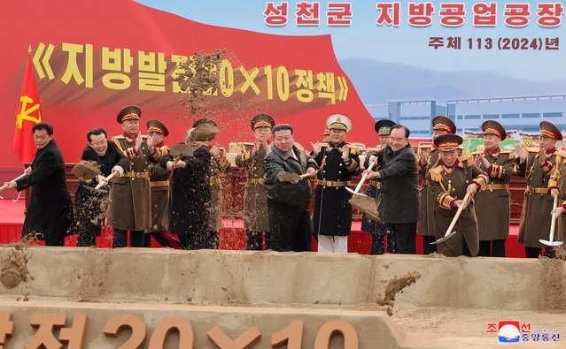 North Korean leader Kim Jong Un attends the groundbreaking ceremony for the construction of a factory in Songchon County, North Korea on February 28, 2024. (Photo by KCNA via Reuters)