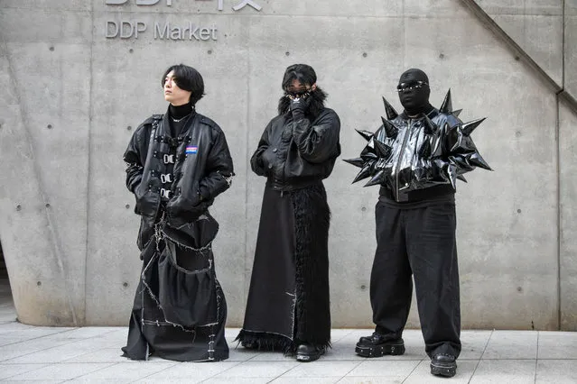 (L-R) Kim Ji-yu, Lee Ji-woo, and Kang Min-woo, wear Kang's own designed black outfits during Seoul Fashion Week F/W 2024 on February 1, 2024 in Seoul, South Korea. (Photo by Jean Chung/Getty Images)