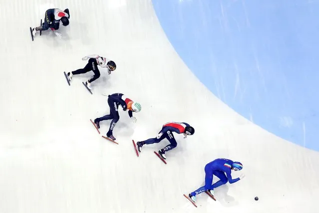 Kay Huisman of Netherlands, Quentin Fercoq of France, Ben Jung Yanghun of Germany, Shogo Miyata of Japan and Thomas Nadalini of Italy compete in the Men 500m Rep. Semifinal during ISU World Short Track Speed Skating Championships 2024 at AHOY Arena on March 16, 2024 in Rotterdam, Netherlands. (Photo by Dean Mouhtaropoulos - International Skating Union/International Skating Union via Getty Images)