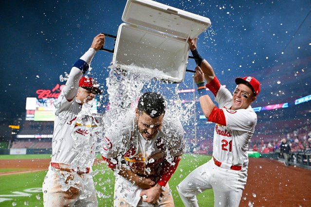 St Louis Cardinals’ Nolan Arenado, centre, is doused with water by team-mates Masyn Winn and Lars Nootbaar after he took the team to victory against the Milwaukee Brewers of the last pitch of the game at Busch Stadium on August 21, 2024 in St Louis, Missouri. (Photo by Jeff Curry/USA TODAY Sports via Reuters)