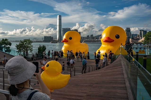 Giant inflatable rubber duck sculptures are seen in Victoria Harbor on June 09, 2023 in Hong Kong, China. The 18-metre-tall inflatable sculptures are some of the tallest rubber ducks in the world, created by Dutch artist Florentijn Hofman as part of a large-scale public art exhibition “DOUBLE DUCKS by Flotentijn Hofman” curated by AllRightsReserved. (Photo by Anthony Kwan/Getty Images)