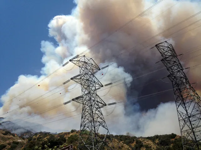 Smoke from a wildfire rises from a hillside near power lines outside of Azusa, Calif., Monday, June 20, 2016. Two fires have erupted in the San Gabriel Mountains northeast of Los Angeles amid withering heat. The first fire reported Monday was near Morris Reservoir north of suburban Azusa. (Photo by Nick Ut/AP Photo)