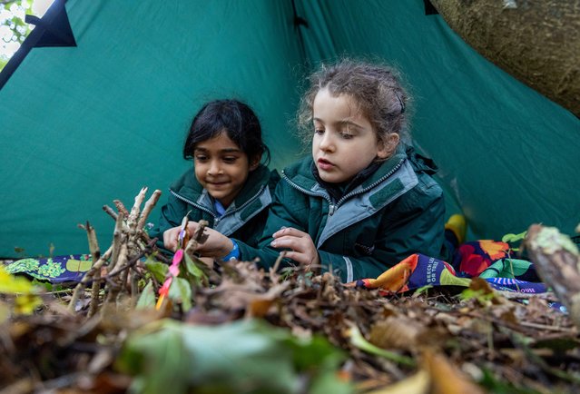 Pupils at Brighton Girls Pre-Prep School, UK go wild in a weekly outdoor education lesson on October 10, 2024 aimed at tackling development delays due to the Covid lockdown. (Photo by Brighton Pictures)