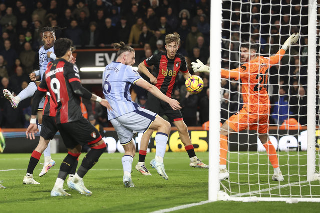 Dean Huijsen of Bournemouth heads in and scores a goal to make it 1-0 during the Premier League match between AFC Bournemouth and Tottenham Hotspur FC at Vitality Stadium on December 05, 2024 in Bournemouth, England. (Photo by Robin Jones – AFC Bournemouth/AFC Bournemouth via Getty Images)