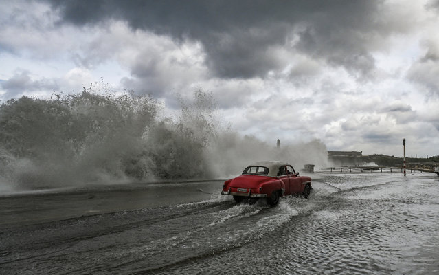 An old American car drives past waves crashing against the Malecon promenade in Havana due to the passage of Hurricane Milton on October 9, 2024. A “catastrophic” Hurricane Milton was closing in on the storm-battered state of Florida on Wednesday as US officials pleaded with residents to flee or risk dying. (Photo by Yamil Lage/AFP Photo)