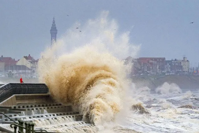 Waves crashing on the seafront at Blackpool on Wednesday, February 16, 2022 before Storm Dudley hits the north of England/southern Scotland from Wednesday night into Thursday morning, closely followed by Storm Eunice, which will bring strong winds and the possibility of snow on Friday. (Photo by Peter Byrne/PA Images via Getty Images)