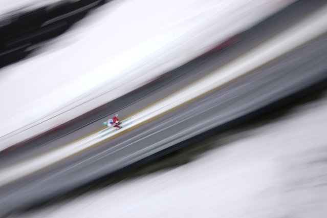 Eva Pinkelnig of Austria in action during her trial jump at the Women Normal Hill HS102 Individual Ski Jumping event at the Nordic World Ski Championships, in Trondheim, Norway, Friday, February 28, 2025. (Photo by Matthias Schrader/AP Photo)