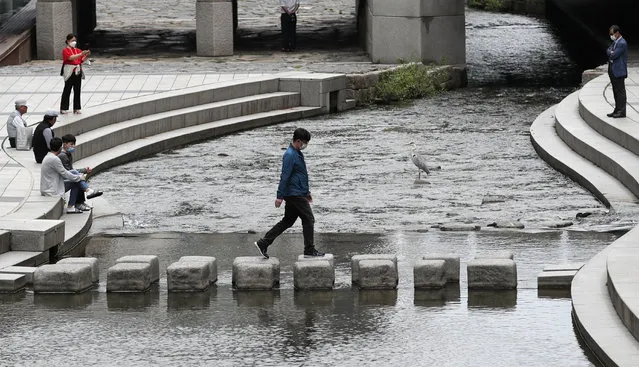 A man wearing mask crosses a stream at Cheonggye stream in downtown Seoul, South Korea, Tuesday, June 2, 2020. (Photo by Lee Jin-man/AP Photo)