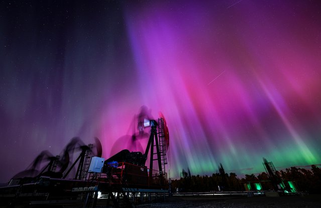 An aurora borealis, also known as the northern lights, makes an appearance over pumpjacks as they draw out oil and gas from well heads near Cremona, Alberta, Thursday, October 10, 2024. (Photo by Jeff McIntosh/The Canadian Press via AP Photo)