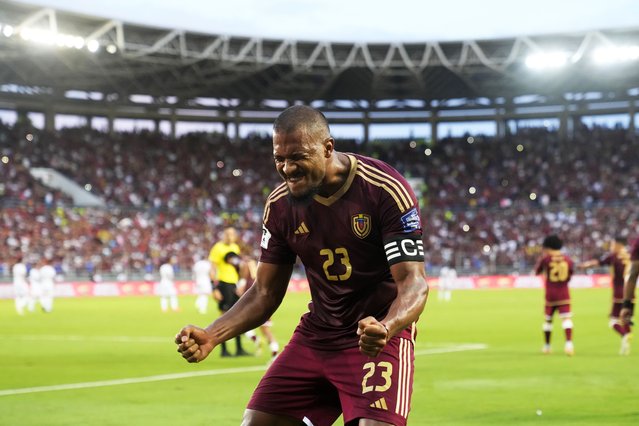 Venezuela's Salomon Rondon celebrates scoring his side's second goal against Bolivia during a World Cup 2026 qualifying soccer match in Maturin, Venezuela, June 6, 2025. (Photo by Ariana Cubillos/AP Photo)