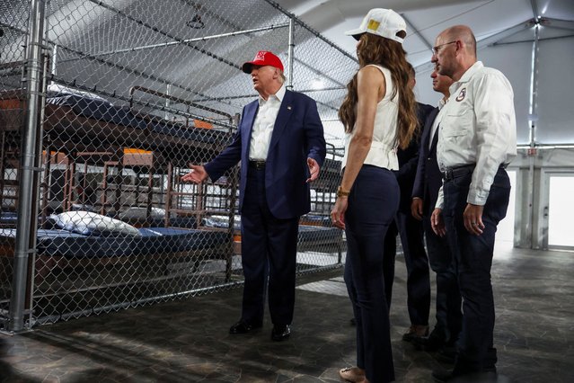 President Donald Trump, Florida Governor Ron DeSantis and U.S. Homeland Security Secretary Kristi Noem visit a temporary migrant detention center informally known as “Alligator Alcatraz” in Ochopee, Florida, on July 1, 2025. (Photo by Evelyn Hockstein/Reuters)