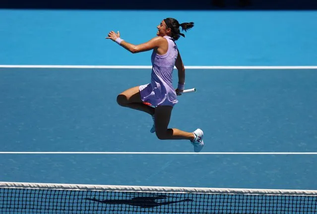 France's Caroline Garcia celebrates victory against Canada's Katherine Sebov during their women's singles match on day two of the Australian Open tennis tournament in Melbourne on January 17, 2023. (Photo by Hannah Mckay/Reuters)