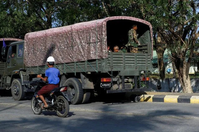 Myanmar's military checkpoint is seen on the way to the congress compound in Naypyitaw, Myanmar, February 1, 2021. (Photo by Reuters/Stringer)