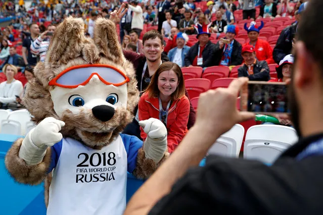 World Cup mascot Zabivaka poses before the Russia 2018 World Cup Group C football match between France and Australia at the Kazan Arena in Kazan on June 16, 2018. (Photo by John Sibley/Reuters)
