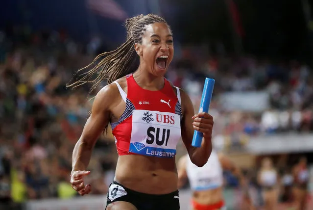 Salome Kora from Switzerland competes in the women' s 4x100 m UBS Trophy relay race, at the Athletissima IAAF Diamond League international athletics meeting in the Stade Olympique de la Pontaise in Lausanne, Switzerland, Thursday, July 5, 2018. (Photo by Denis Balibouse/Reuters)