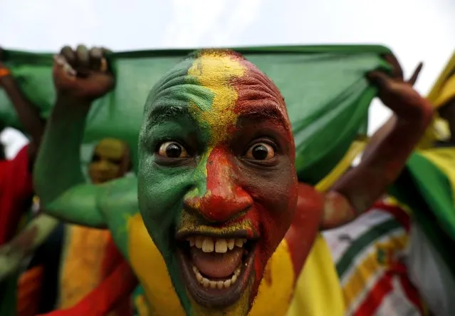 A Mali supporter painted in the colours of the country's national flag cheers as the team arrives to warm up before their 2015 African Cup of Nations Group D soccer match against Guinea in Mongomo January 28, 2015. (Photo by Mike Hutchings/Reuters)