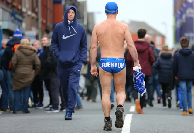 Everton fan Michael Cullen prior to the Barclays Premier League match between Everton and Stoke City at Goodison Park on December 28, 2015 in Liverpool, England. Cullen, known as Speedo Mick, wears swimming trunks to home and away matches to raise money for the Woodlands Hospice. (Photo by Dave Thompson/Getty Images)