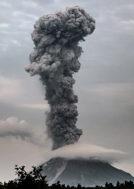 Mount Sinabung volcano spews thick volcanic ash, as seen from the town of Brastagi in Karo, North Sumatra province, on May 30, 2017. Sinabung roared back to life in 2010 for the first time in 400 years and after another period of inactivity, erupted once more in 2013 and has remained highly active since. (Photo by Tibta Pangin/AFP Photo)