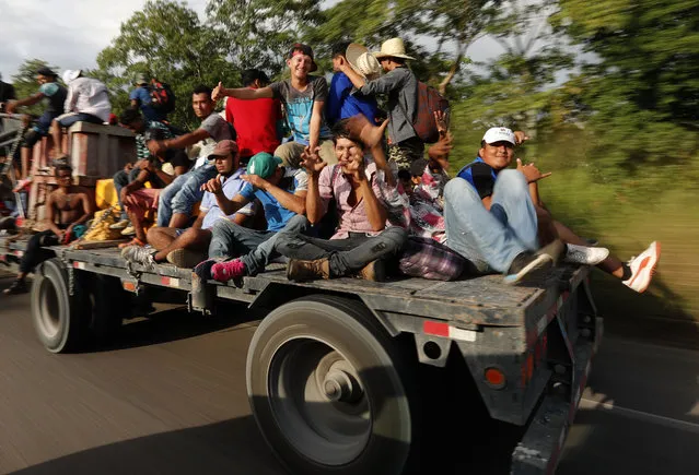 Central American migrants, part of the caravan hoping to reach the U.S. border, get a ride on a truck, in Donaji, Oaxaca state, Mexico, Friday, November 2, 2018. The migrants had already made a grueling 40-mile (65-kilometer) trek from Juchitan, Oaxaca, on Thursday, after they failed to get the bus transportation they had hoped for. But hitching rides allowed them to get to Donaji early, and some headed on to a town even further north, Sayula. (Photo by Marco Ugarte/AP Photo)