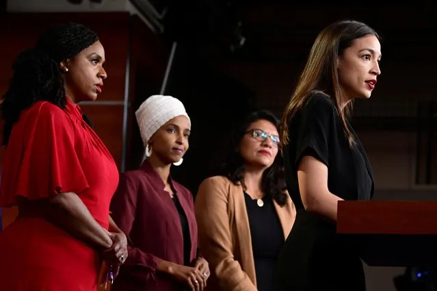 U.S. Reps Ayanna Pressley (D-MA), Ilhan Omar (D-MN), Rashida Tlaib (D-MI) and Alexandria Ocasio-Cortez (D-NY) hold a news conference after Democrats in the U.S. Congress moved to formally condemn President Donald Trump's attacks on the four minority congresswomen on Capitol Hill in Washington, U.S., July 15, 2019. (Photo by Erin Scott/Reuters)