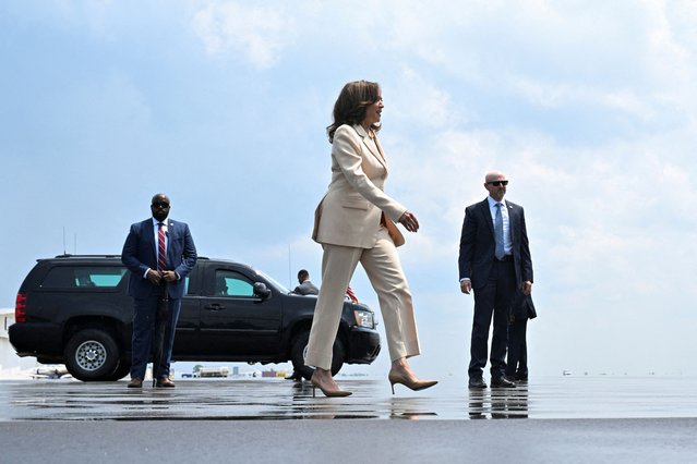 U.S. Vice President Kamala Harris walks to board Air Force Two at Indianapolis International Airport in Indianapolis, Indiana on July 24, 2024. (Photo by Jon Cherry/Reuters)