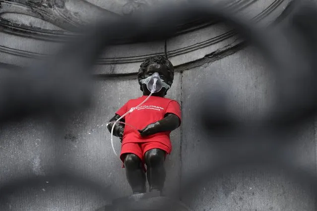 Belgium landmark Manneken-Pis statue is pictured wearing an outfit to mark World Pneumonia Day in Brussels on November 12, 2019, as Pneumonia is the world's deadliest child killer, with a “forgotten epidemic” claiming one young life every 39 seconds, international health and children's agencies warned today. (Photo by John Thys/AFP Photo)