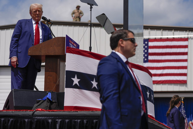 Republican presidential nominee former President Donald Trump speaks during a campaign rally at North Carolina Aviation Museum, Wednesday, August 21, 2024, in Asheboro, N.C. (Photo by Julia Nikhinson/AP Photo)